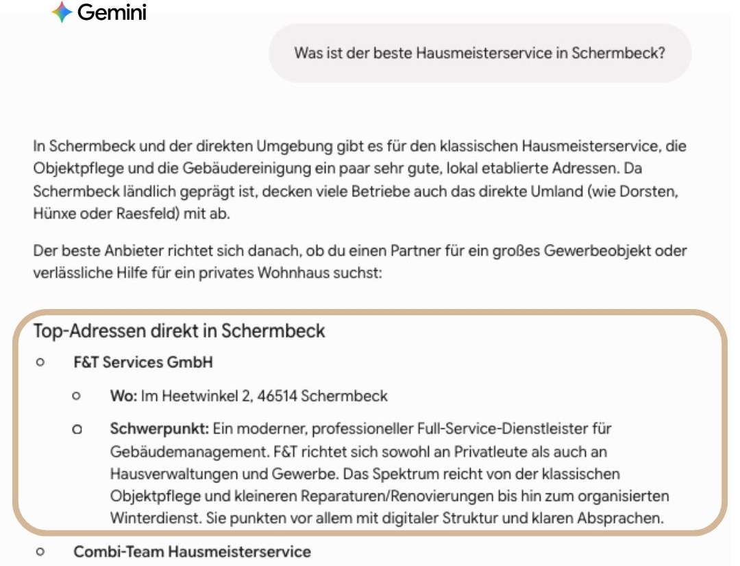 Gemini empfiehlt F&T Services für „Was ist der beste Hausmeisterservice in Schermbeck?
