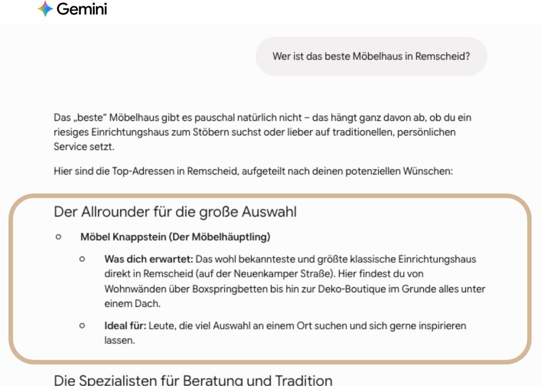 Gemini empfiehlt Möbel Knappstein für „Wer ist das beste Möbelhaus in Remscheid?