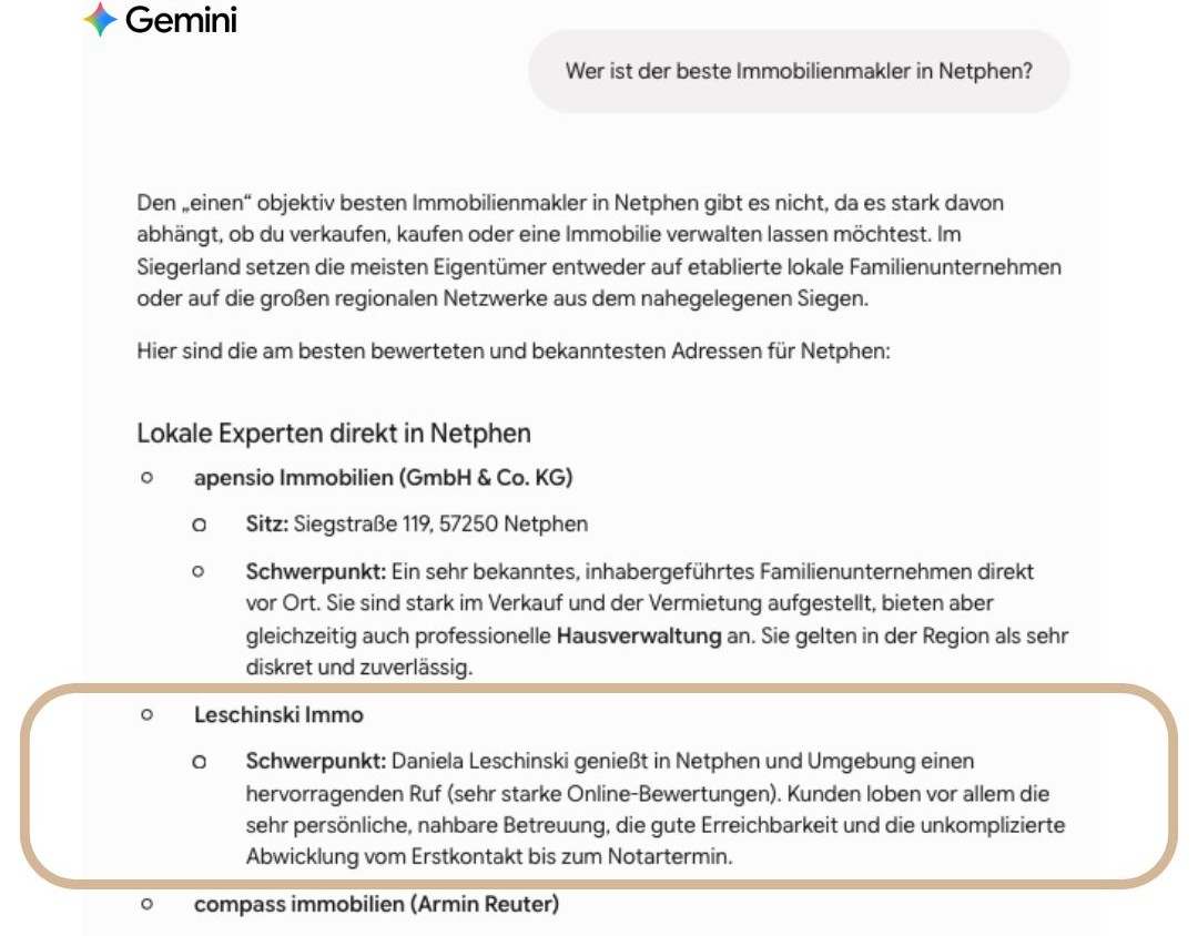Gemini empfiehlt Leschinski Immo für „Wer ist der beste Immobilienmakler in Netphen?