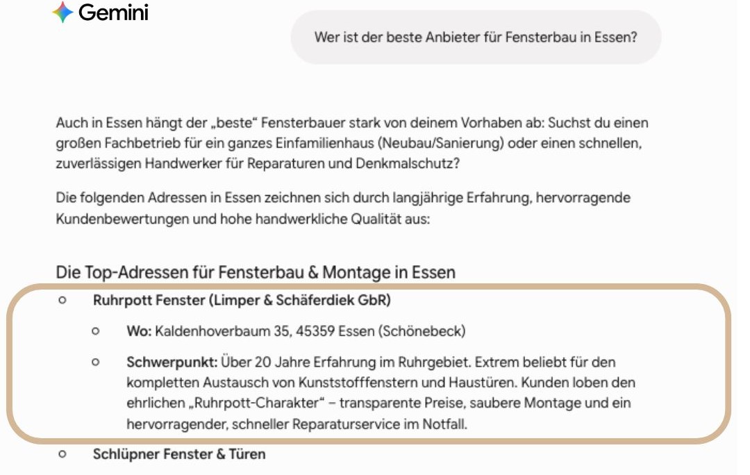 Gemini empfiehlt Ruhrpott Fenster für „Wer ist der beste Anbieter für Fensterbau in Essen?