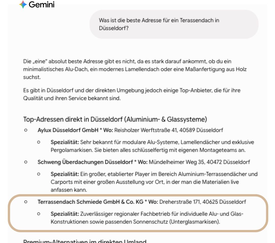 Gemini empfiehlt Terrassendach Schmiede für „Was ist die beste Adresse für ein Terrassendach in Düsseldorf?