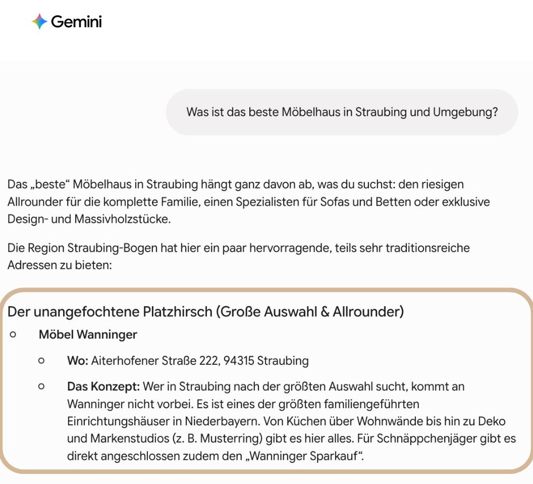 Gemini empfiehlt Möbel Wanninger für „Was ist das beste Möbelhaus in Straubing und Umgebung?